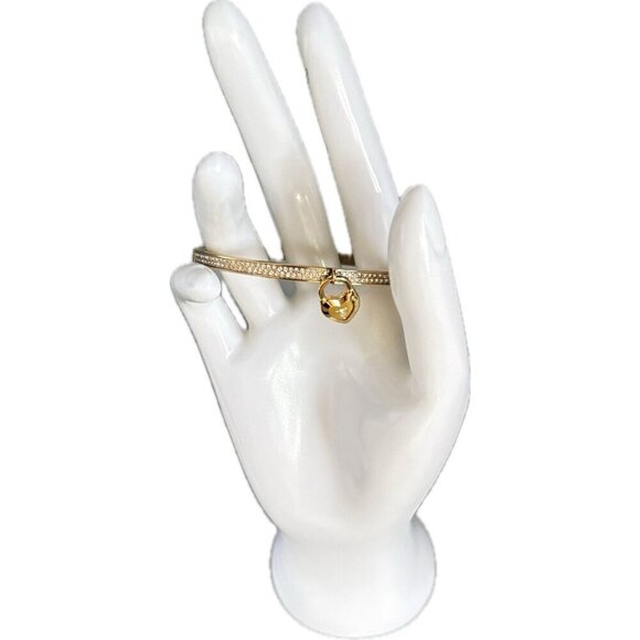 Michael Kors Logo Crystal Pave Heart Charm Gold Stainless Steel Hinge Bracelet - Picture 2 of 8